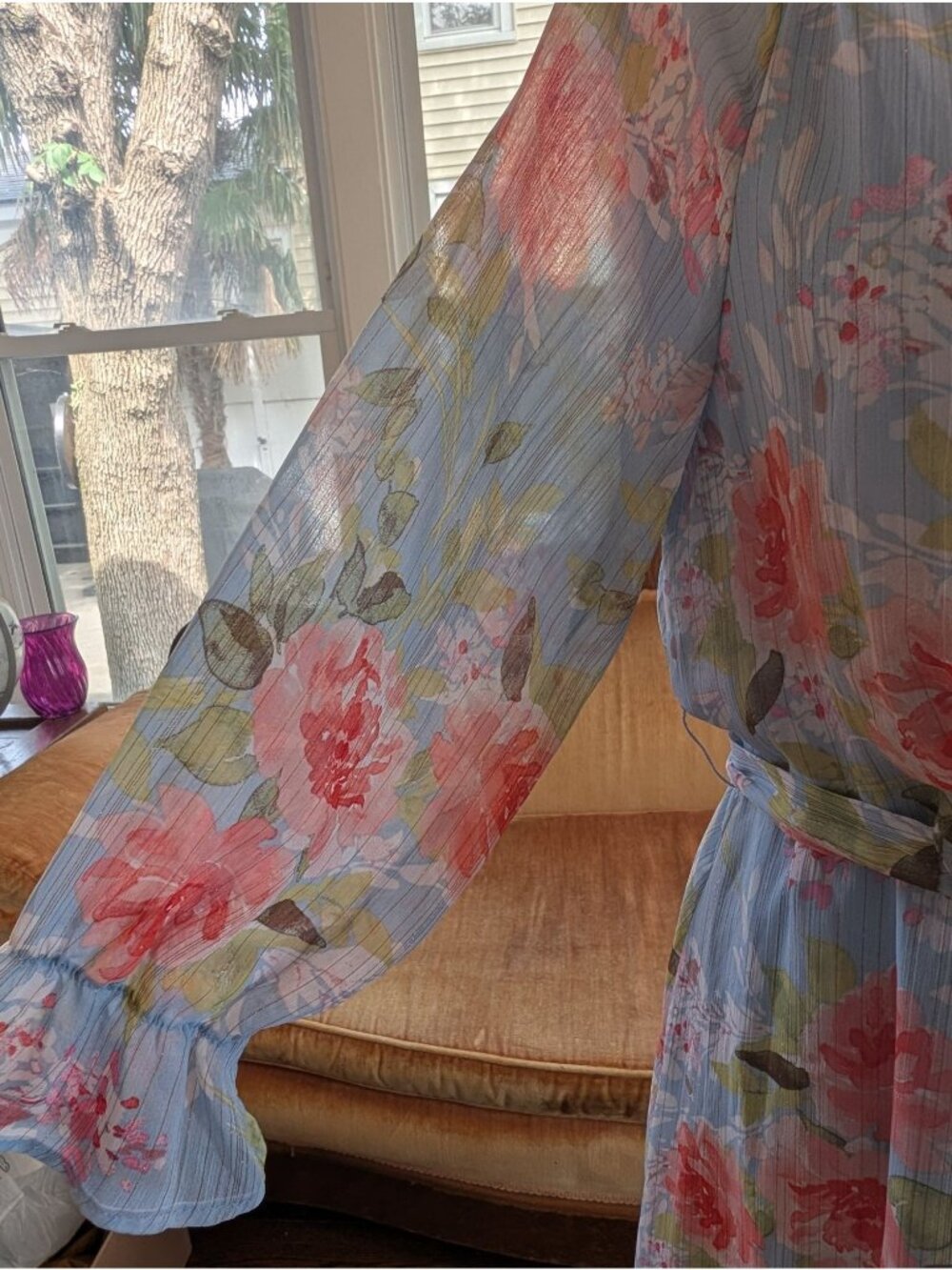 Whimsical Rose Print Maxi Wrap Dress Size L Flowing Light Blue Fairy Ethereal - Picture 2 of 7